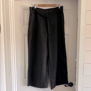 Italian Chic Handmade Black Linen High Waist Wide-Leg Trousers with Belt NEW